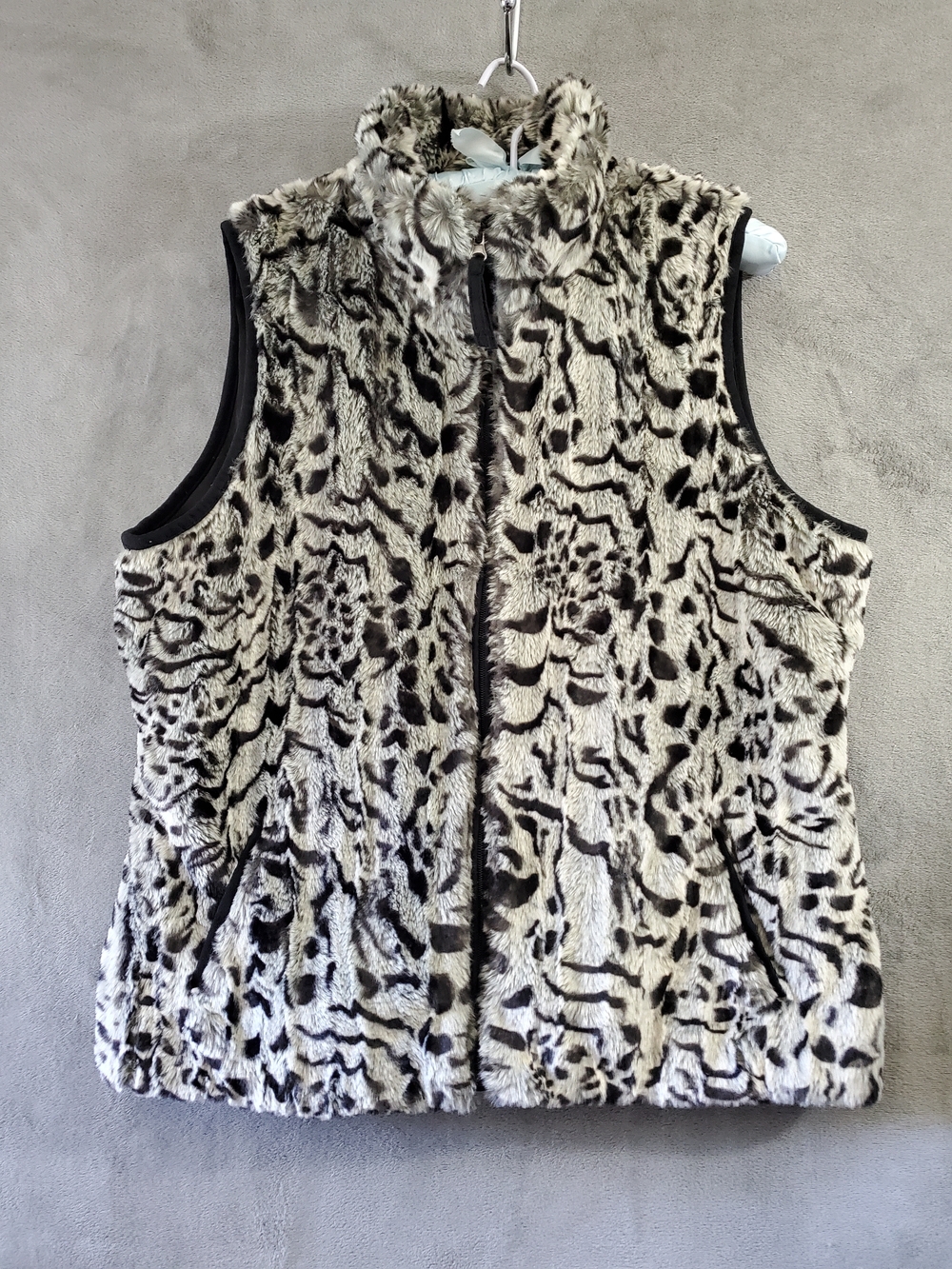 Coldwater Creek Faux Fur Animal Print Zip Vest in White and Black